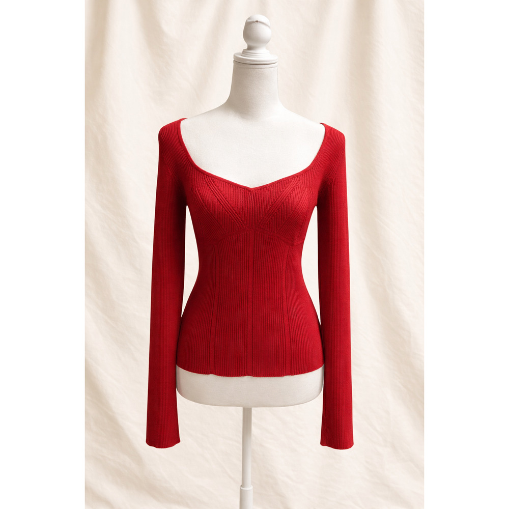 Pink Rose L Coquette Sweetheart Ribbed Top Red Fitted Soft Girl Stretch Sweater